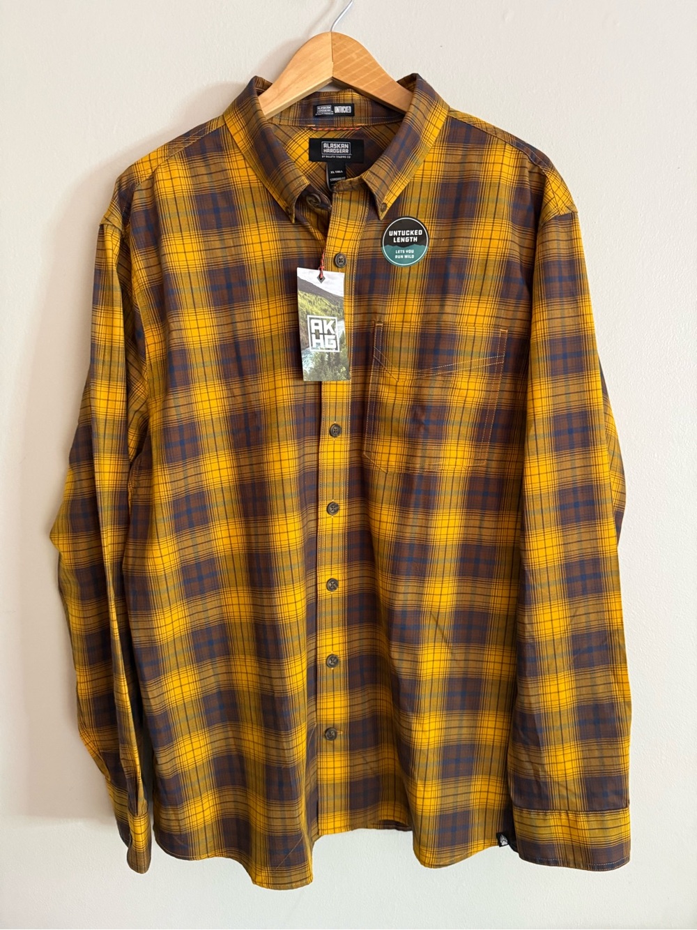 Alaskan Hardgear Duluth Trading Co Men’s XL Tall Shirt Yellow and Brown Plaid